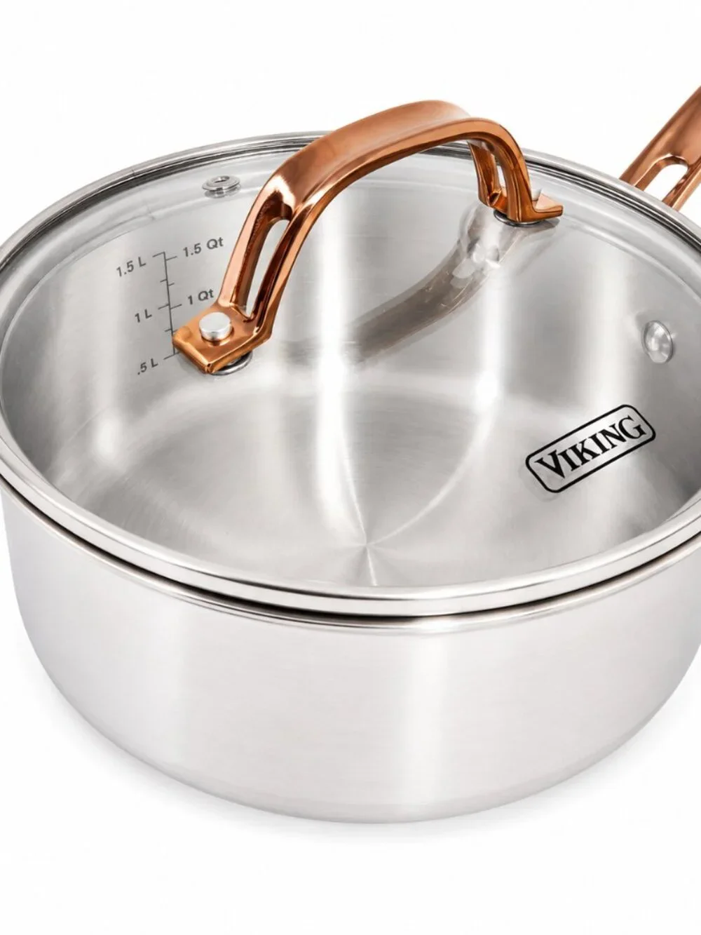 Viking 3-Ply Stainless Steel 2.25 Quart Sauce Pan Glass Lid Copper Handle